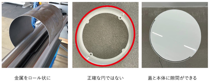 金属をロール状に / 正確な縁ではない / 蓋と本体に隙間ができる